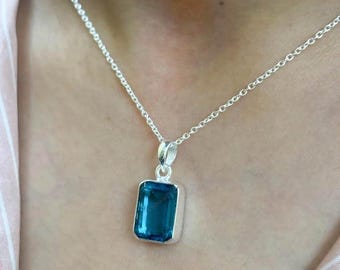 Handmade Emerald Cut London Blue Topaz Pendant - Sterling Silver