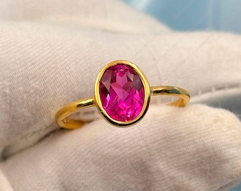 Anel de Turmalina Rosa em Ouro 18K: Rubelita Oval, Prata 925