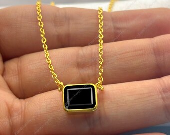 Dainty Black Spinel Necklace: 925 Sterling Silver Rectangle Pendant