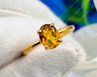 Dainty Citrine Ring: 925 Sterling Silver, Oval Yellow Gemstone
