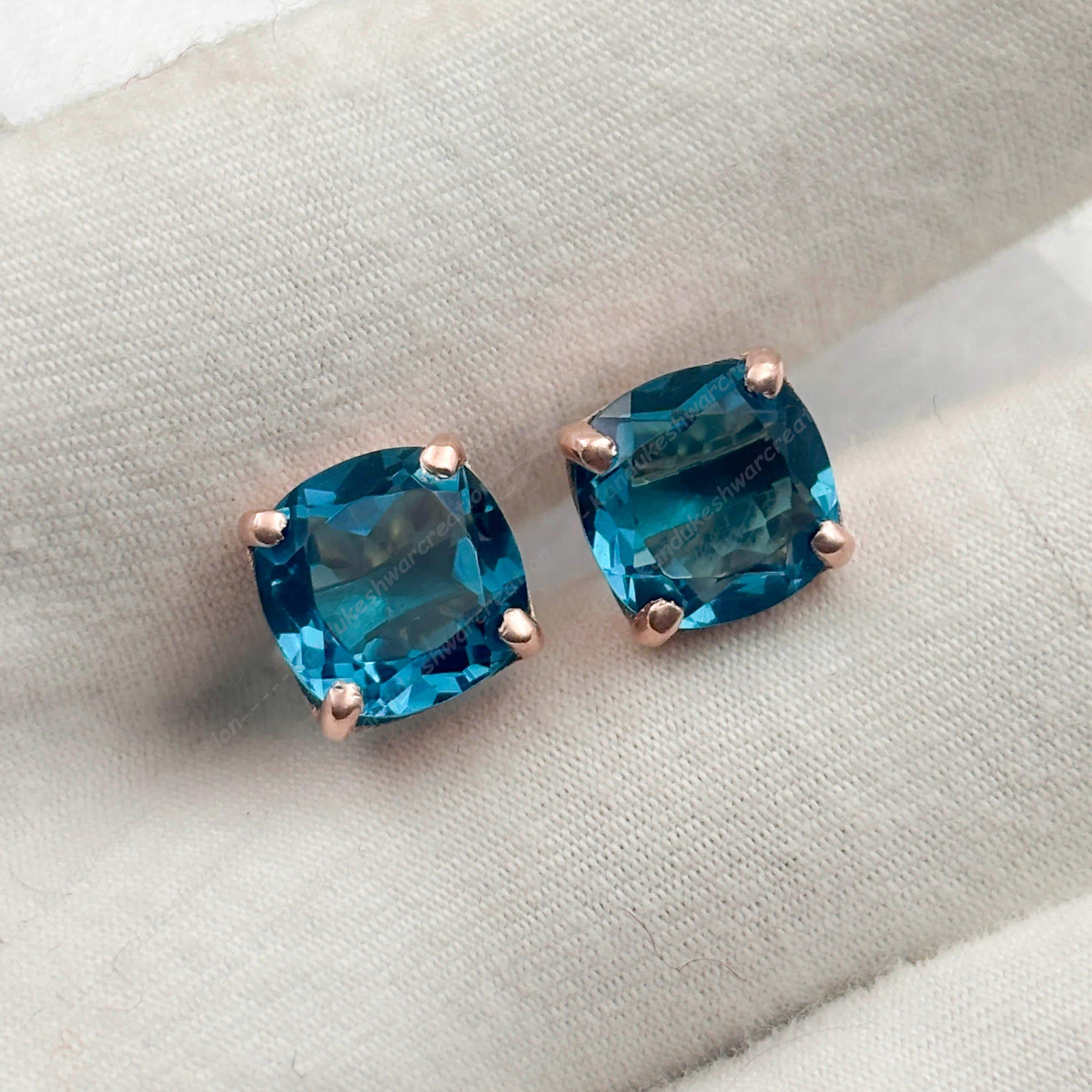 Handmade London Blue Topaz Stud Earrings: 925 Sterling Silver Cushion Cut