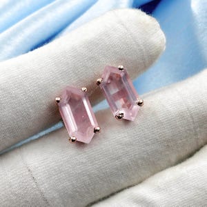 Dainty Rose Quartz Stud Earrings, 18K Gold Fill Post Earrings, Hexagon 7x14 Faceted Pink Quartz  Studs, 925 Silver Stud, Women Birthday Gift