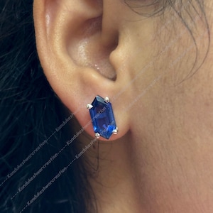 Blue Sapphire Hexagon Studs: 925 Sterling Silver Earrings