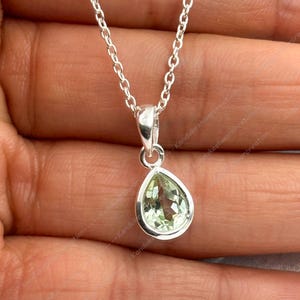 Teardrop Green Amethyst Pendant, 6 x 8mm Minimalist Dainty Necklace, Gemstone Pendant, 925 Silver February Birthstone Prasiolite Jewelry her
