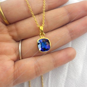 Blue Sapphire Necklace: 9mm Cushion Pendant, Sterling Silver, September Birthstone