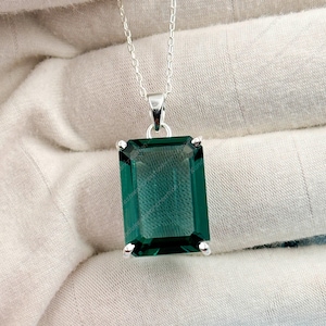 Teal Sapphire Pendant Necklace: Emerald Cut Sterling Silver September Birthstone