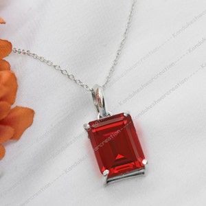 Emerald Cut Garnet Pendant: 925 Sterling Silver January Birthstone Necklace
