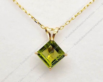 Delicate Peridot Necklace, Tiny Peridot Women Pendant, August Birthstone, Princess cut Engagement Gift, 925 Sterling Silver, Gift for her
