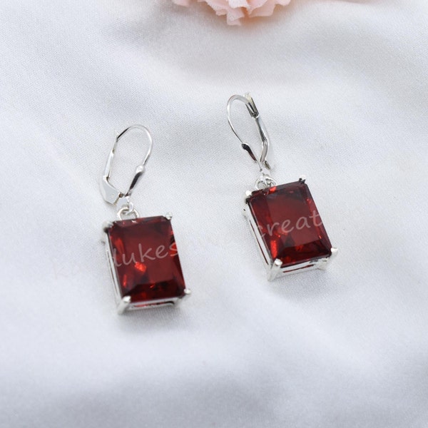 Garnet Lever Back Earrings, Dangle Earrings, Emerald Cut Garnet Earrings, January Birthstone Gift, 925 Sterling Silver, Women Delicate Gift