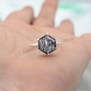 Black Rutile Quartz Ring: Hexagon Sterling Silver Gemstone Jewelry