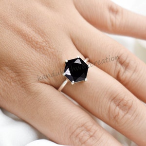 Dainty Hexagon Black Onyx Ring: 925 Sterling Silver, December Birthstone