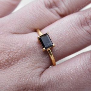 Gold Black Spinel Ring: Minimalist Baguette Sterling Silver Ring