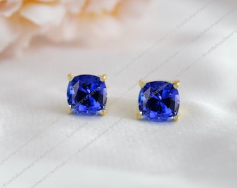 Handmade Blue Sapphire Stud Earrings: 925 Sterling Silver, September Birthstone