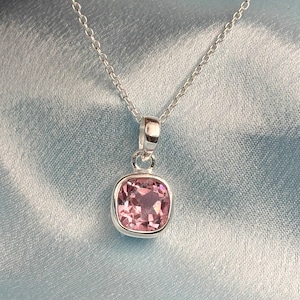 October Morganite Necklace, Pink Morganite Pendant, 18K Gold Cushion 9m Women Necklace, Dainty Engagement Gift, 925 Sterling Silver Gift her