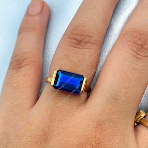 Handmade Emerald Cut Blue Sapphire Ring: 925 Sterling Silver