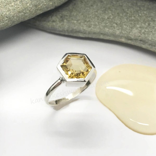 Citrine Hexagon Ring, Citrine 925 Silver Ring, Citrine Engagement Ring, Dainty Citrine Ring, November Birthstone Jewelry, Delicate Ring Gift