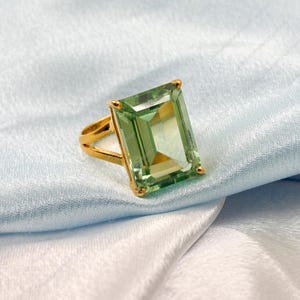 Emerald Cut Prasiolite Ring: 18k Gold Vermeil, Green Amethyst, 925 Sterling Silver