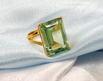 Emerald Cut Prasiolite Ring: 18k Gold Vermeil, Green Amethyst, 925 Sterling Silver