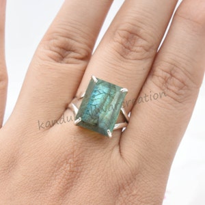 Emerald Cut Labradorite Ring: Blue Fire Gemstone, 925 Sterling Silver