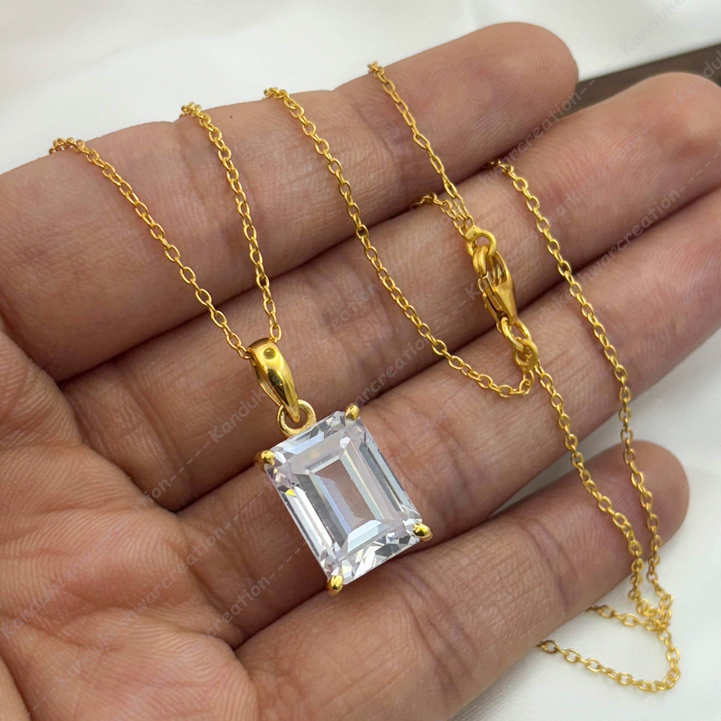 Emerald Cut White Zircon Pendant Necklace: 925 Sterling Silver