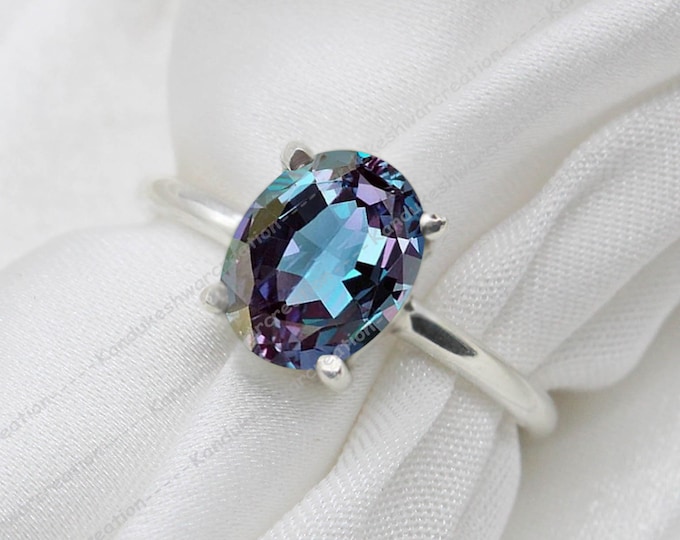 Dainty Alexandrite Ring: Oval 7x9m Handmade 925 Sterling Silver, Color Changing Stone
