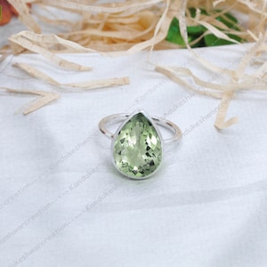 Teardrop Prasiolite Ring: Green Amethyst, 925 Sterling Silver