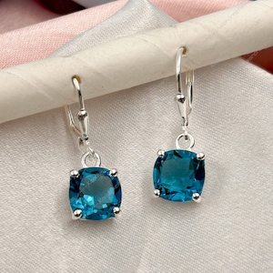 Dainty London Blue Topaz Earrings: 925 Sterling Silver Lever Backs