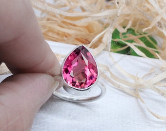 Teardrop Tourmaline Ring, Pink Tourmaline Ring, Rubellite Tourmaline Ring, October Birthstone, Women Engagement Ring 925 Silver Vintage Ring