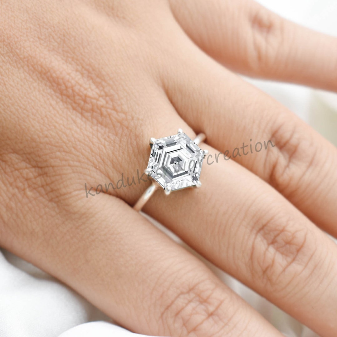 Bague Argent Sterling Hexagonale Avec Pierre Verte - Taille 52, Occasion