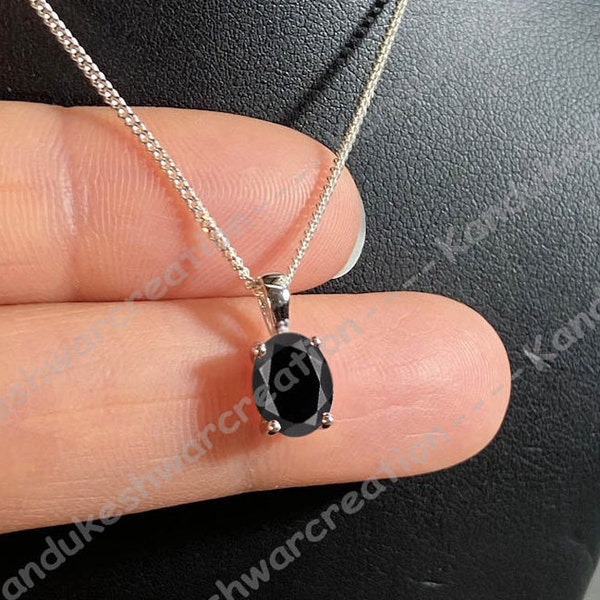 Black Spinel Solitaire Necklace, Spinel 7 x 9 Women Pendant, August Birthstone, Dainty Spinel Necklace, 925 Sterling Silver,Gift for her Mom