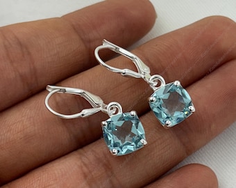 Cushion Aquamarine Leverback Earrings: 18K Gold Fill, Sterling Silver