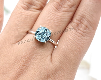 Cushion Aquamarine Ring: 925 Sterling Silver March Birthstone