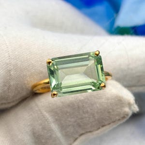 Amethyst 18k Gold Ring, Green Amethyst Ring, Emerald Cut 10x14m Prasiolite Ring, 925 Solid Silver Gemstone Ring, Handmade Birthday Jewelry