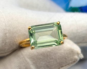 Emerald Cut Prasiolite Ring, 18k Gold Vermeil, Handmade Silver Jewelry