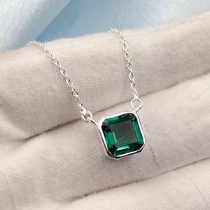 Teal Sapphire Necklace: Asscher Cut Sterling Silver September Birthstone