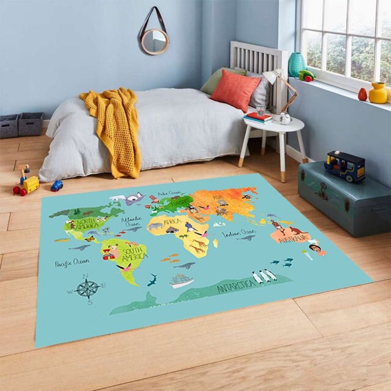 World Map Nursery Rug Kids World Map Kids Room Decor Etsy