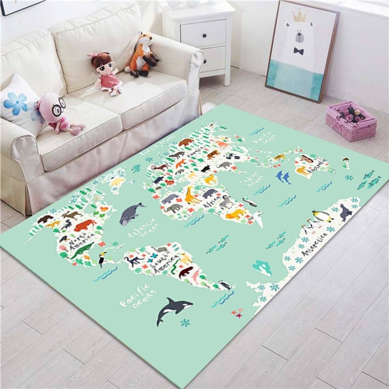 Animal World Map Rug Kids Rug Nursery Animal Playmat Etsy UK