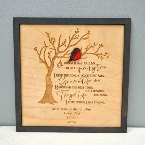 Memorial family tree Robin bird Remembrance framed Plaque sign personalised wall art gift in memory Mum Dad Son Daughter Nan Grandad Friend