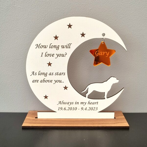 Personalised pet dog memorial plaque ANY BREED Moon and Stars Dog remembrance in memory of dog pet memorial gift engraved Mirrored name star