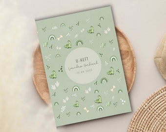 Personalized U-booklet cover + vaccination record maternity record covers | Dino Rainbow Green