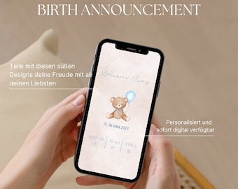 Geboorteaankondiging Digitaal | Blauw of roze | Teddybeer Aquarel Boho | Geboorte aankondigen | Gefeliciteerd met de geboorte