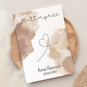 Personalisierte Mutterpass Hülle Brown Beige Watercolor Heart Onestroke Lineart Aquarell