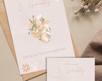 Invitation cards girls children's birthday personalized pink bunny daisies digital and printed | With envelopes