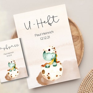 Personalisierte U-Heft Hülle + Impfpass Mutterpass Hüllen Baby Dinosaurier Grün