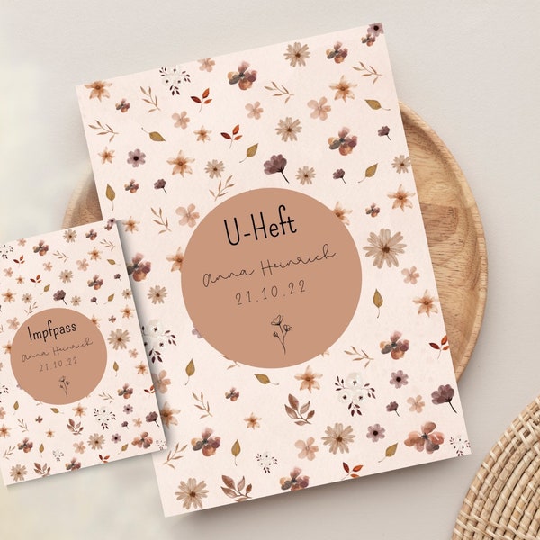 Personalisierte U-Heft Hülle + Impfpass Mutterpass Hüllen Boho Blumen Rosy