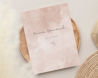 Personalized maternity record cover | Beige brown watercolor | Minimalist floral | Also available as a U-book cover