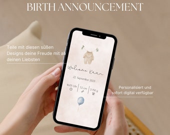 Birth Announcement Digital | Green or pink | Watercolor Boho | Announce birth | Congratulations on the birth