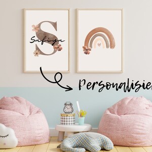2er Set Namensposter Kinderposter Kinderzimmer Regenbogen Blumen Beige Aquarell Baby Poster Geburtsdaten Babyzimmer Geburtsgeschenk