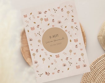 Personalized U-booklet cover + vaccination record maternity record covers | Teddy Rainbow Beige