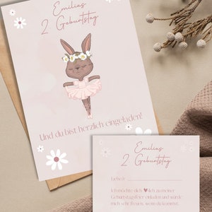 Einladungskarten Mädchen Kindergeburtstag Personalisiert Rosa Hase Gänseblümchen digital und ausgedruckt | Mit Umschlägen